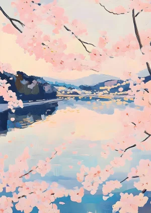 Cherry blossom by the lake Nature Poster Print