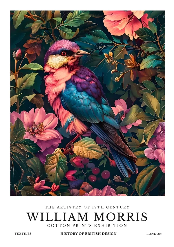 Vibrant bird in forest Nature William Morris Poster Print